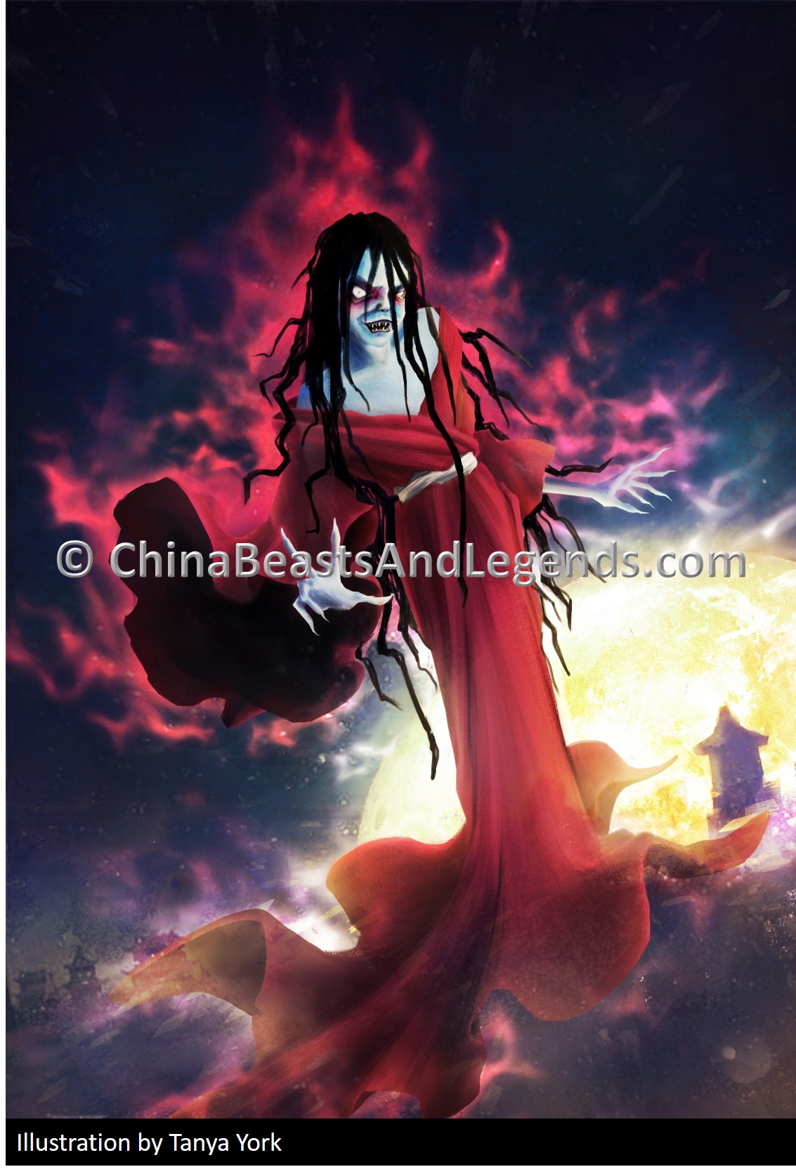 The vengeful ghost concept represented through artistic rendition related to Nü Gui in folklore.